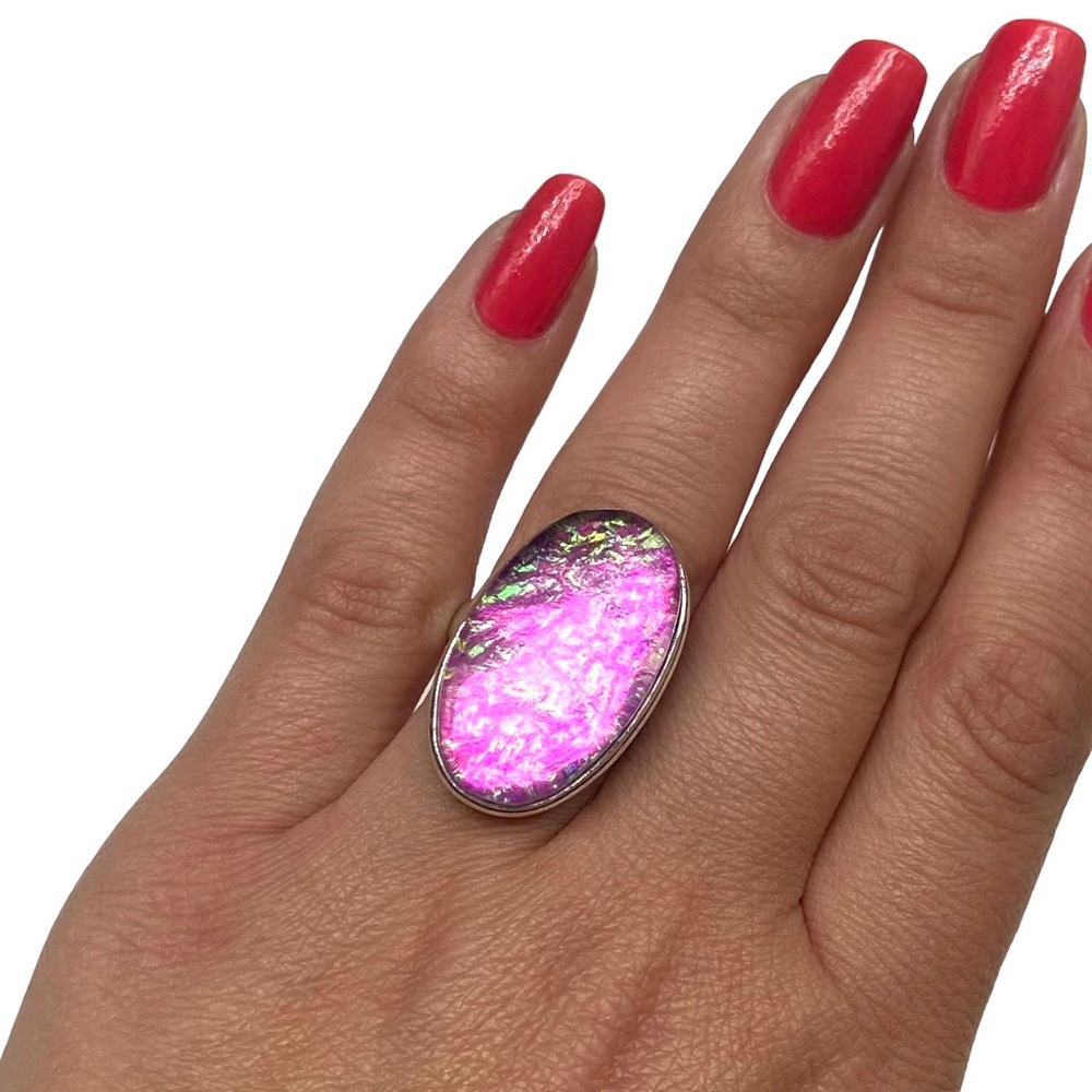 Synthetic Pink Opal Statement Ring in 925 Sterling silver overlay setting.